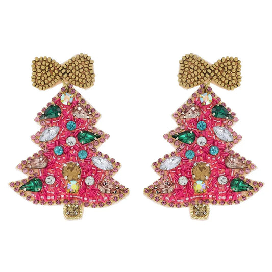 Pink Christmas Tree Beaded Earrings