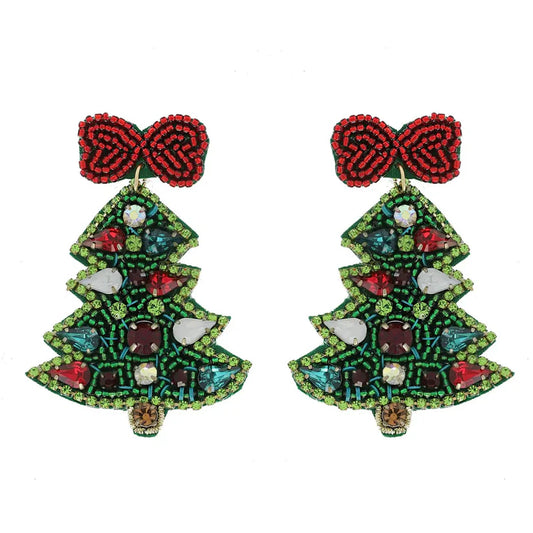 Green Christmas Tree Beaded Earrings
