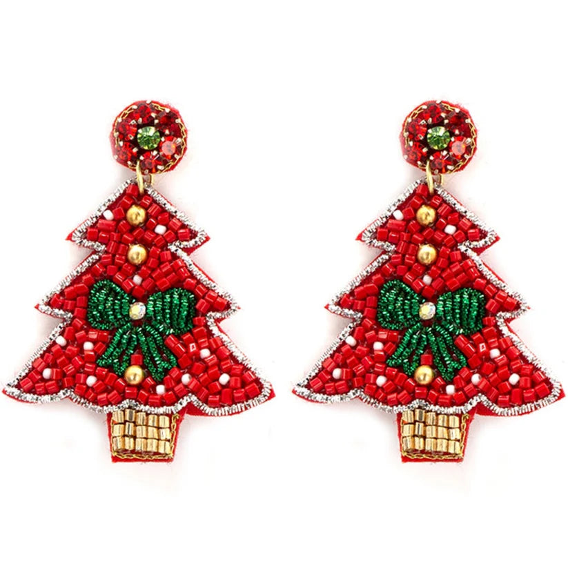 Red Christmas Tree Beaded Earrings