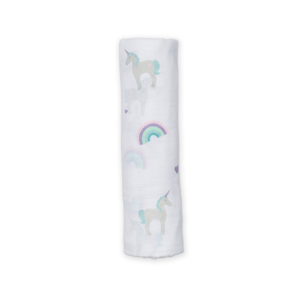 Lulujo Cotton Swaddle - Rainbows and Unicorns - 47x47"