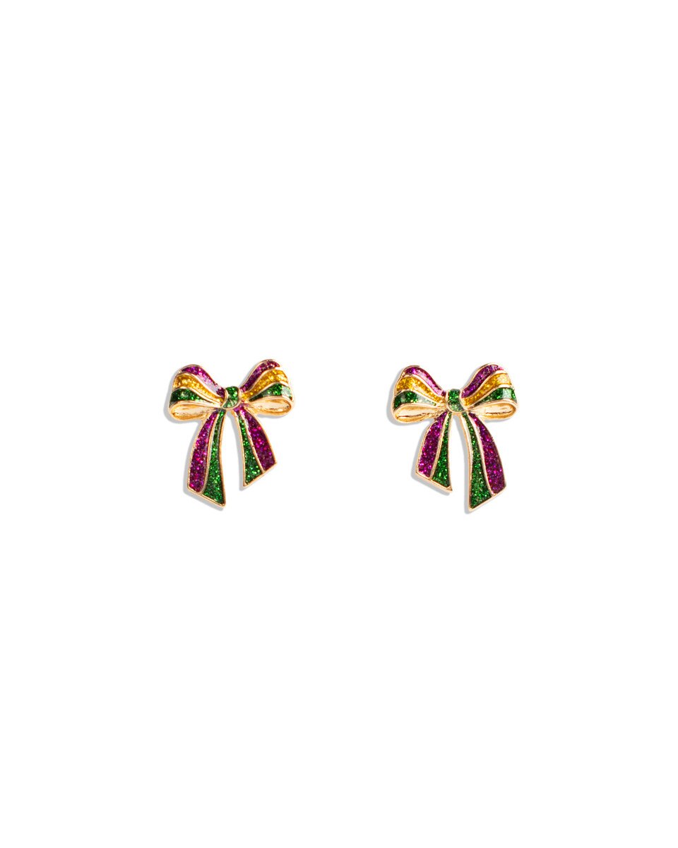 TRS - Mardi Gras Glitter Bow Stud Earrings