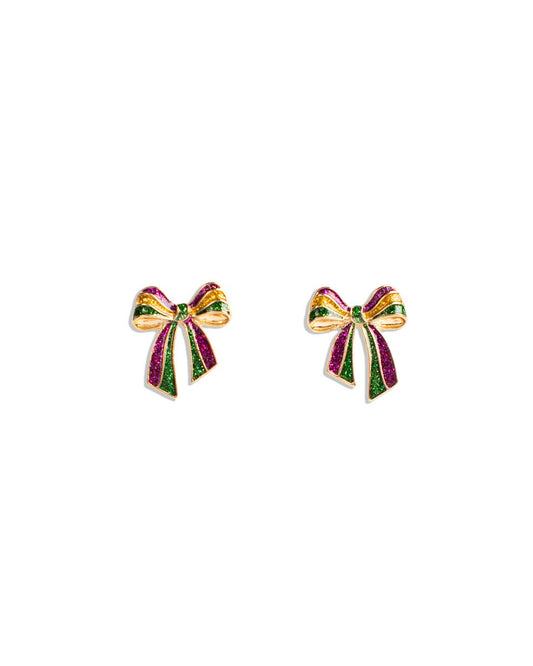 TRS - Mardi Gras Glitter Bow Stud Earrings