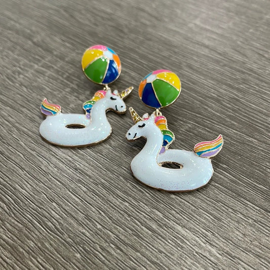 Unicorn Swim Ring with Beach Ball Earrings