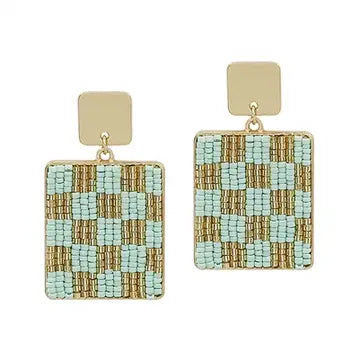 Mint & Gold Beaded Checker Print Earrings