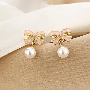 Pearl Earrings with Pink Bow