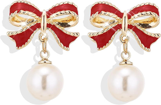 Pearl Earrings with Red Bow