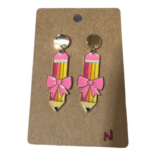 Pink Bow Pencil Metal Earrings