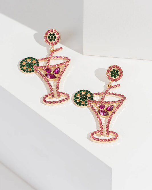Pink Rhinestone Martini Earrings