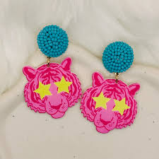Pink Rockstar Tiger Face Earrings
