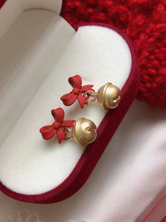 Red Bow and Christmas Bell Earrings