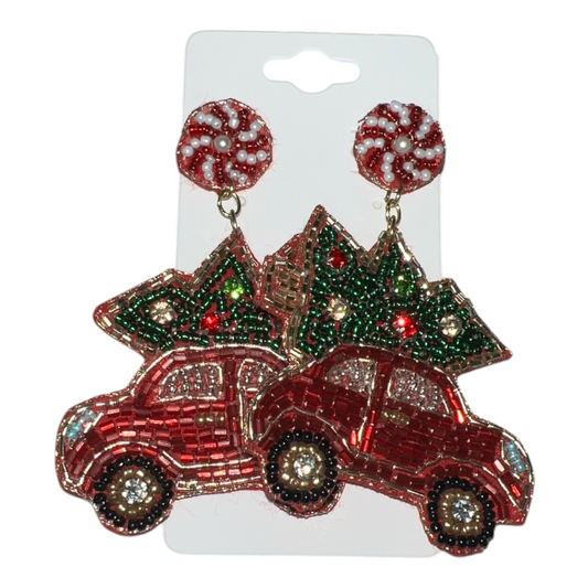 Red Truck with Tree Beaded Earrings