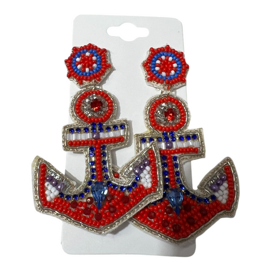 Red, White, and Blue Anchor Beaded Earrings