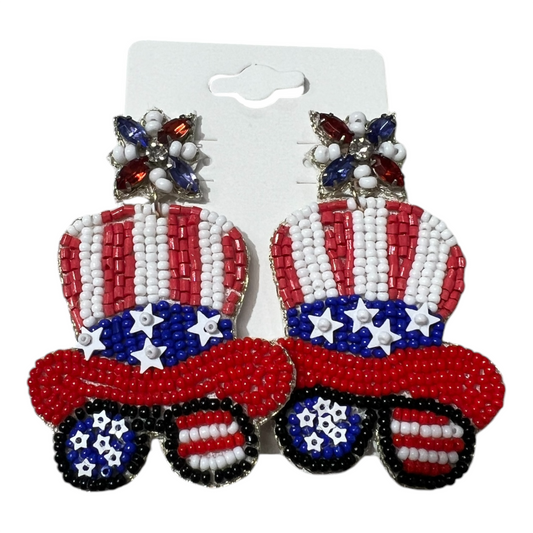 Red, White, and Blue Hat and Glasses Beaded Earrings