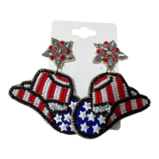 Red, White and Blue Cowboy Hat Beaded Earrings