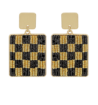 Black & Gold Beaded Checker Print Earrings