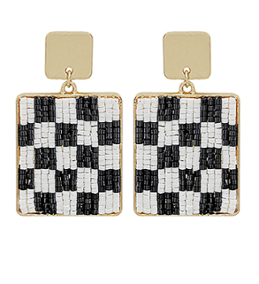 White & Black Beaded Checker Print Earrings