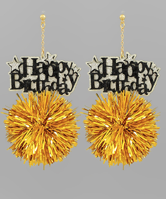 Dangle Gold Pom Pom "Happy Birthday" Earrings