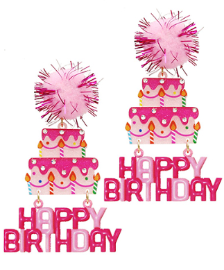 Pink "Happy Birthday" Cake with Pom Pom Earrings