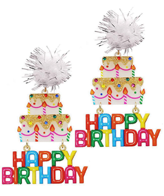 White "Happy Birthday" Cake with Pom Pom Earrings