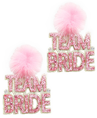 Glitter "Team Bride" White with Pink Pom Pom Earrings