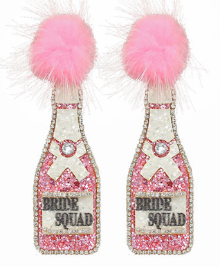 Glitter "Bride Squad" Pink Champagne Bottle Earrings