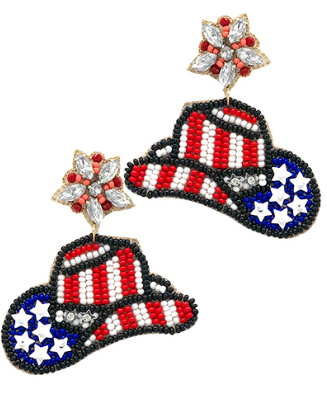 GS - Red, White and Blue Cowboy Hat Beaded Earrings