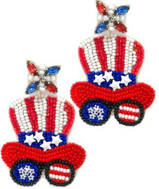 GS - Red, White, and Blue Hat and Glasses Beaded Earrings