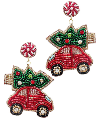 GS - Red Car Christmas Tree Beaded Earrings