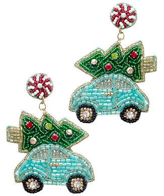 GS - Blue Car with Christmas Tree Beaded Earrings