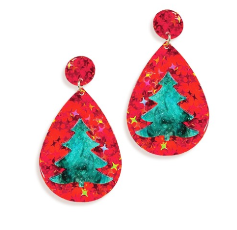 V&L - Red Christmas Tree Teardrop Acrylic Earrings