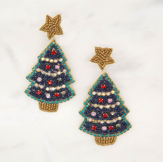 TRS - Blue & Gold Christmas Tree Beaded Earrings