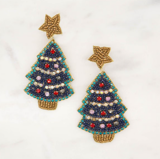 TRS - Blue & Gold Christmas Tree Beaded Earrings