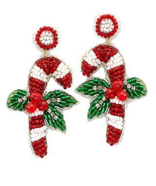 GS - Candy Cane with Mistletoe Beaded Earrings