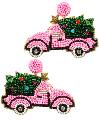 GS - Pink Truck with Christmas Tree Beaded Earrings
