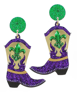 GS - Mardi Gras Boots  Glitter Acrylic Earrings