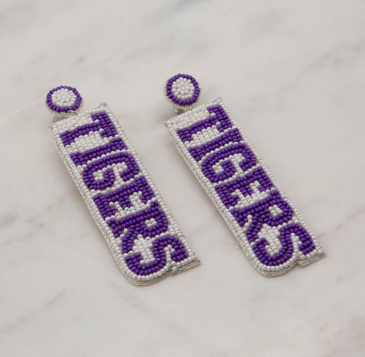 TRS - Purple/White Tigers Beaded Earrings