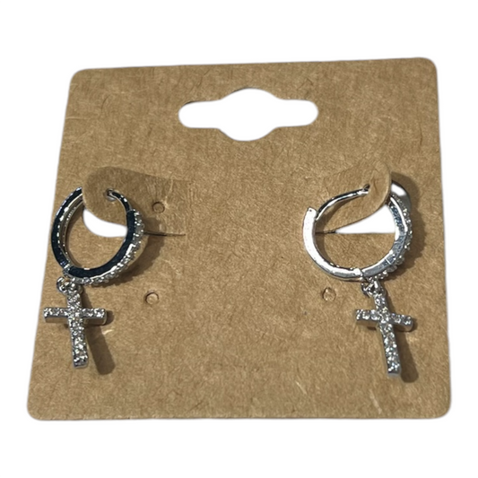 Silver Cross Crystal Cuff Earrings