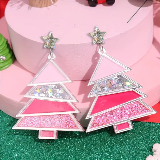 Sparkling Pink Christmas Tree Earrings