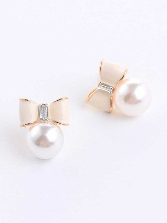 White Bow and Pearl Earrings