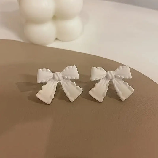 White Ribbon Bow Stud Earrings