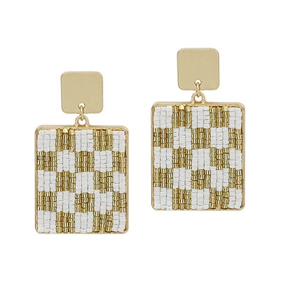 White & Gold Beaded Checker Print Earrings