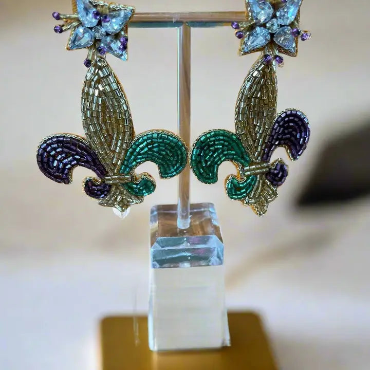 Purple, Green, and Gold Fleur De Lis Earrings