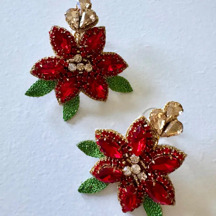 Beaded Rhinestone Poinsettia Earrings