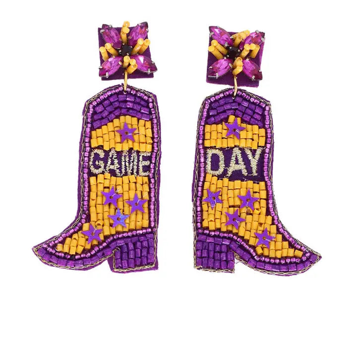 Purple & Gold Game Day Cowboy Boot Earrings