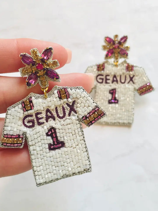 "Geaux" White Jersey Beaded Earrings