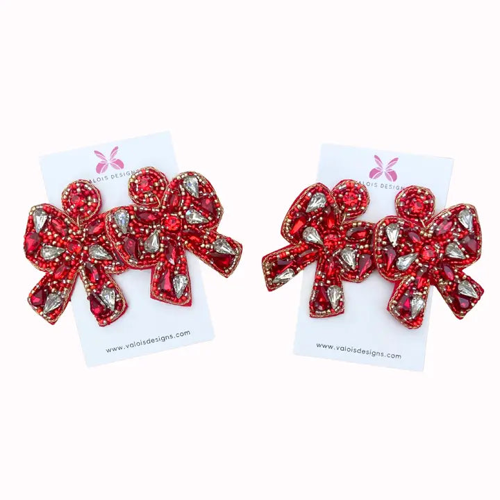 Red Beaded Bow Earrings