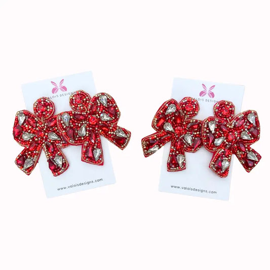 Red Beaded Bow Earrings