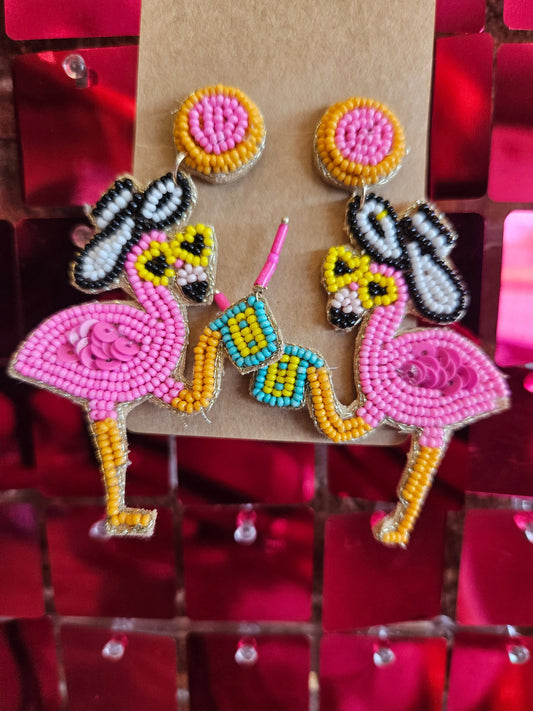 Beaded Partying Flamingo Earrings