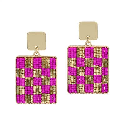 Pink & Gold Beaded Checker Print Earrings