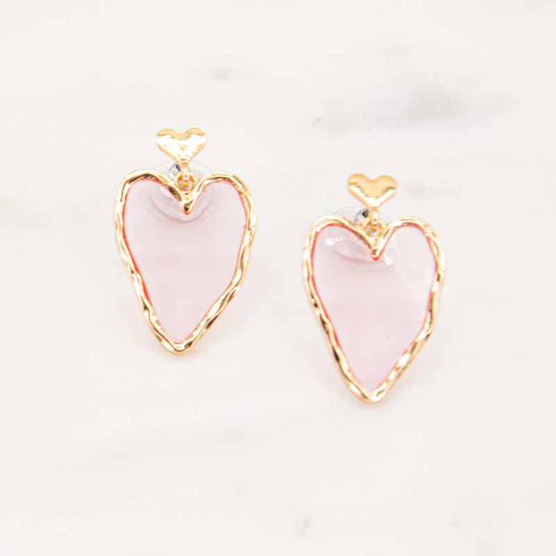 Clear Pink Heart with Gold Trim Earrings